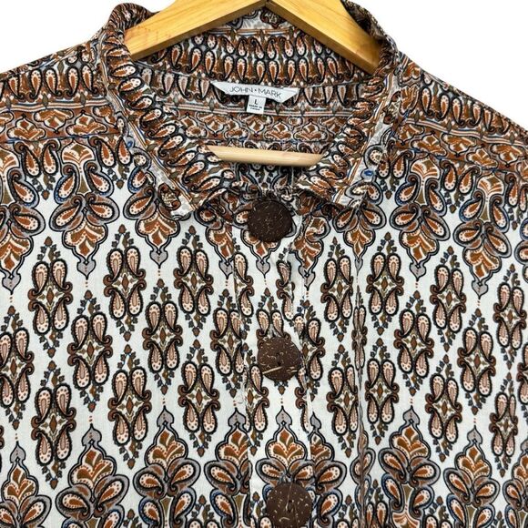 JOHN MARK rayon linen boho tunic top L artsy lagenlook pockets festival Paisley - Picture 4 of 7